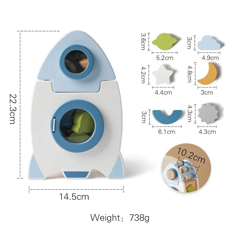 Wooden rocket measurement chart showing 22.3 cm height, 14.5 cm width, shape sizes, and 738 g weight.