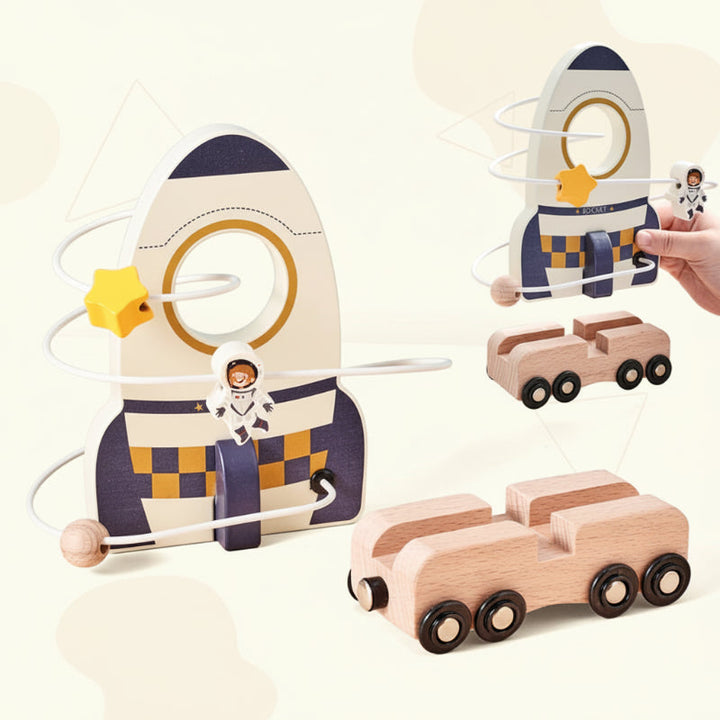 Rocket-shaped wooden bead maze with an astronaut detail and a small wooden car