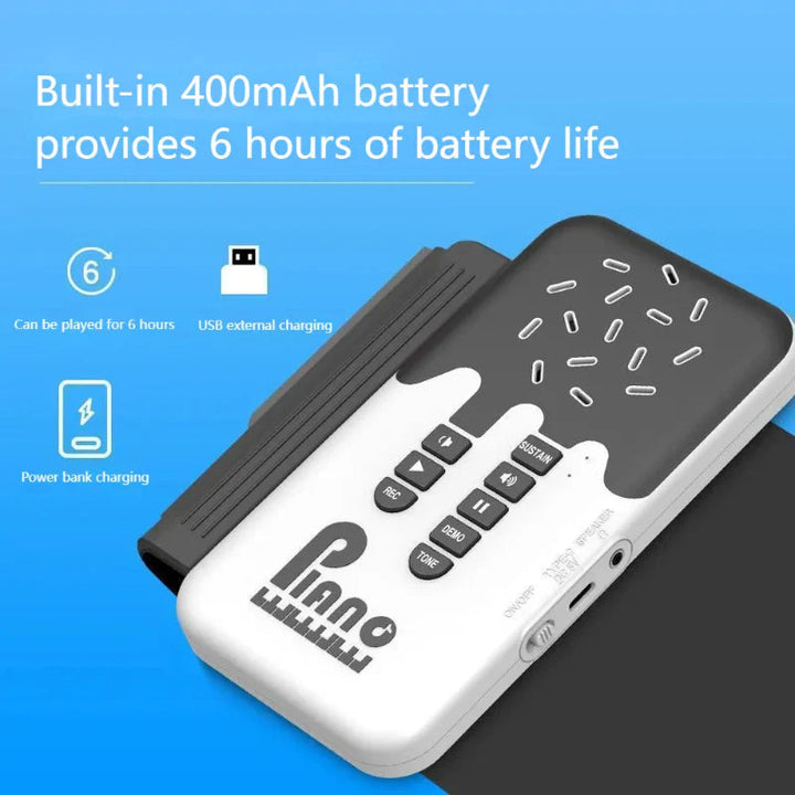 Roll-up piano control unit with a graphic showing 400 mAh battery capacity and USB charging