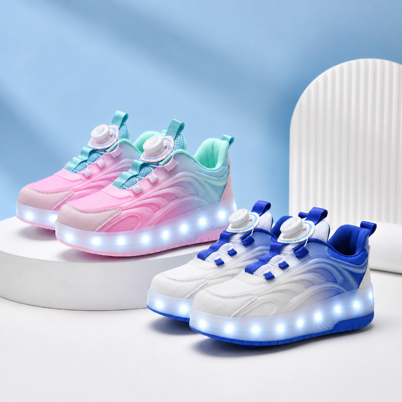 Blue-and-white and pink-and-mint roller sneakers with dial closures and glowing LED soles