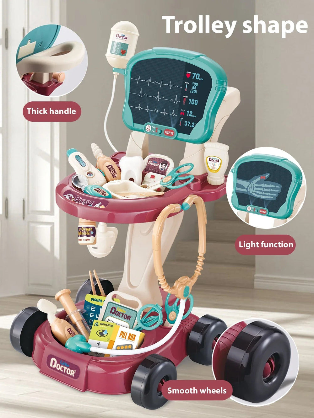 Rolling doctor cart with callouts for the handle, light feature, and wheels
