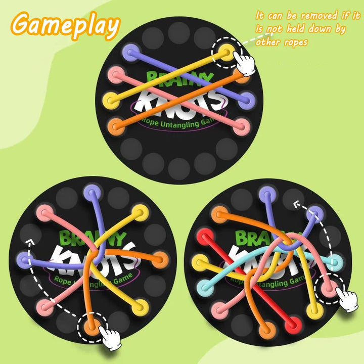 Three rope puzzle arrangements showing how to free cords that are not held down by other ropes