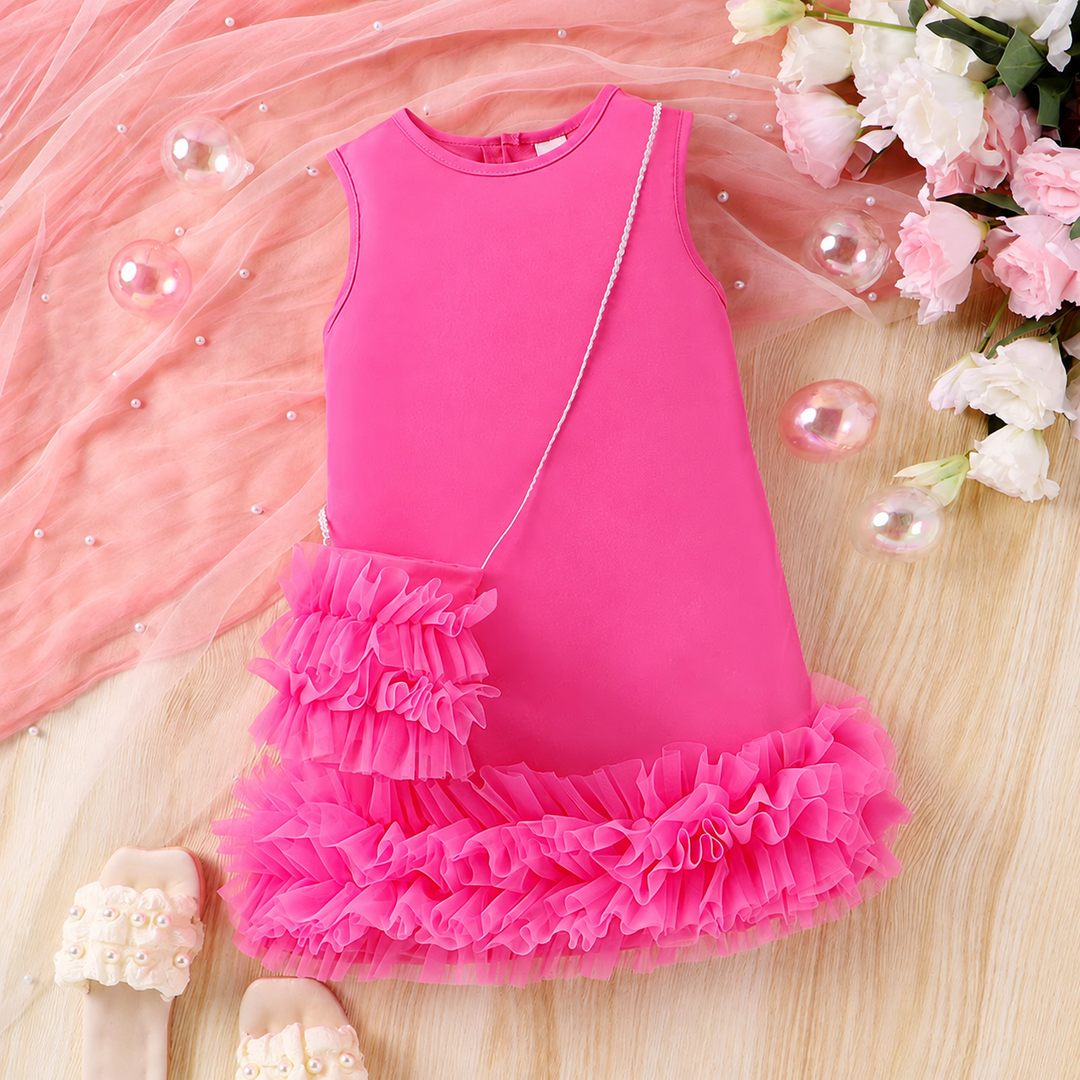 Rose red sleeveless party dress with a layered ruffle hem and matching shoulder bag