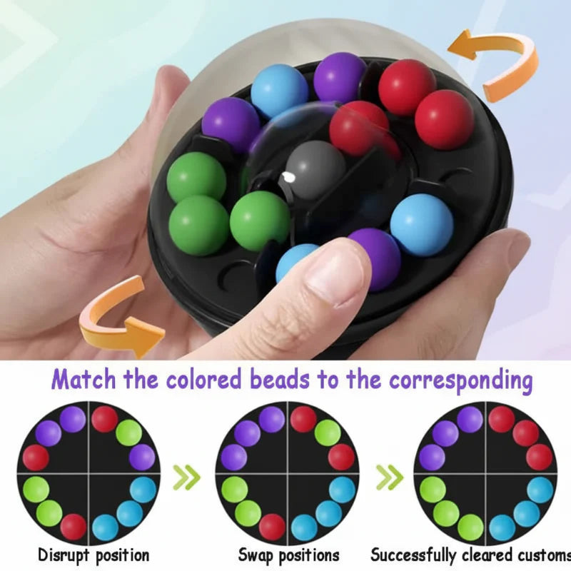 Hands rotating the bead puzzle beside diagrams showing color-matching steps