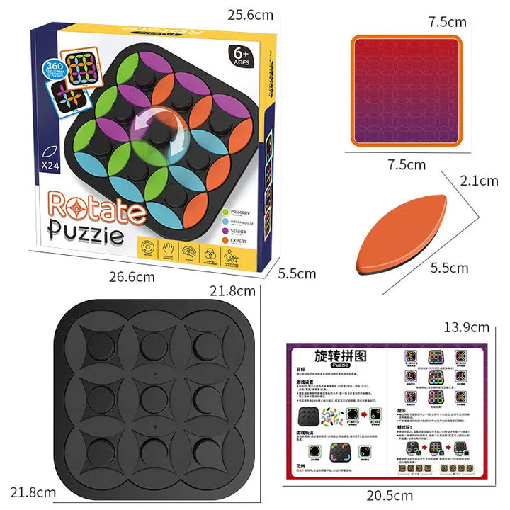 Measurement diagram of the puzzle box, board, pattern cards, pieces, and instruction sheet