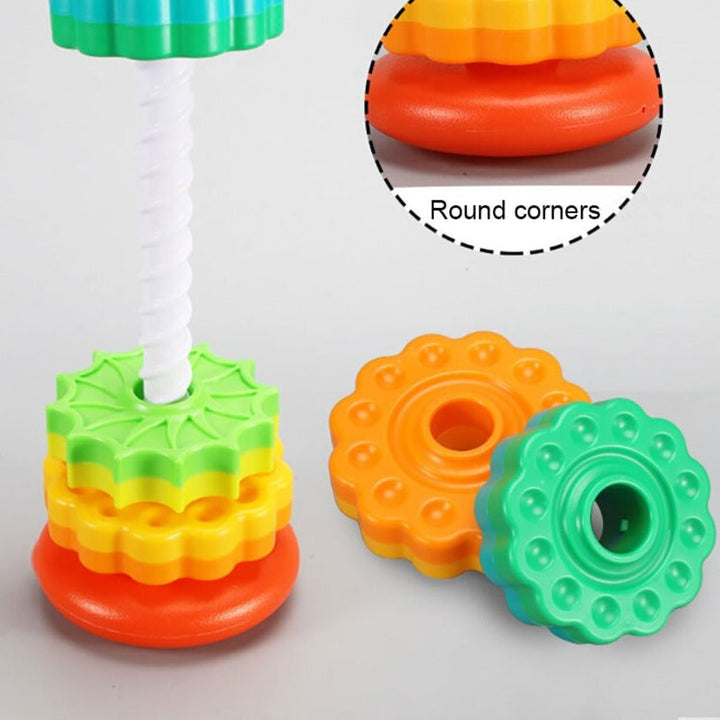 Stacking tower with loose discs and an inset showing the rounded base