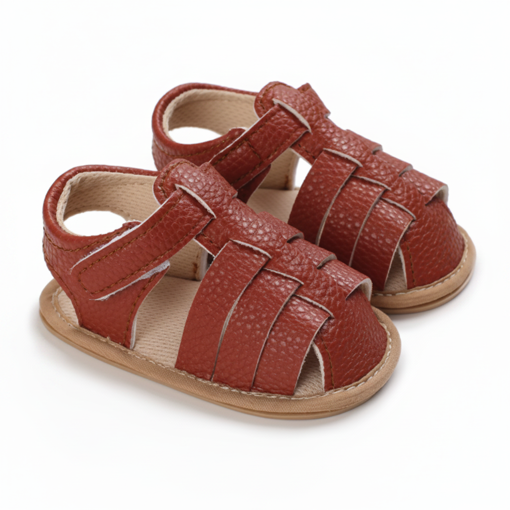 Pair of rust brown closed-toe baby sandals with interwoven straps and ankle fastenings
