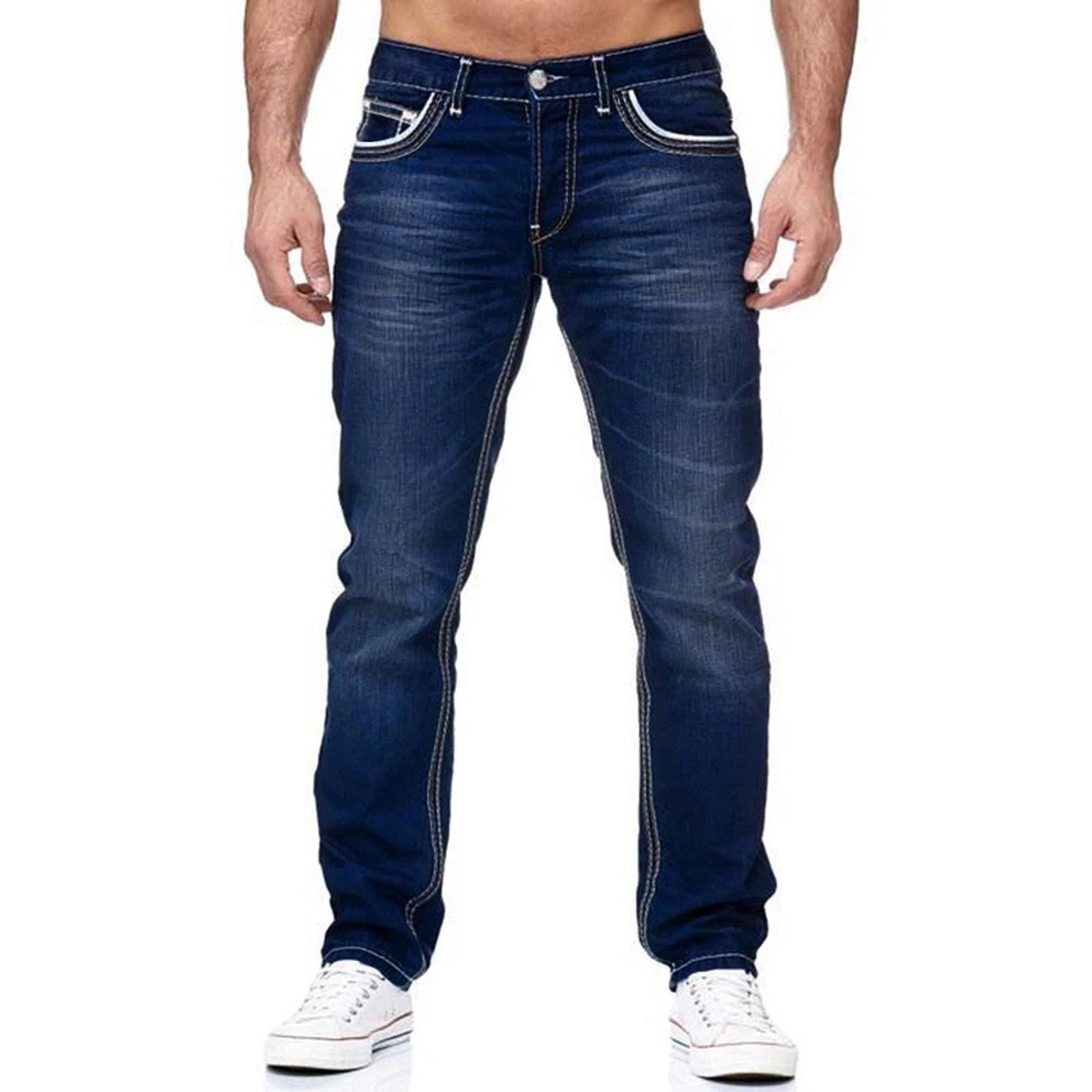 Rylan Jeans — Vintage - Washed Denim with Bold White Stitching (Blue Navy 28) - | Zavonix