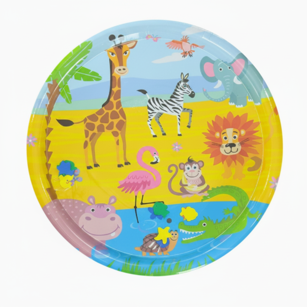 Round safari water mat with a giraffe, elephant, zebra, lion, and other animals