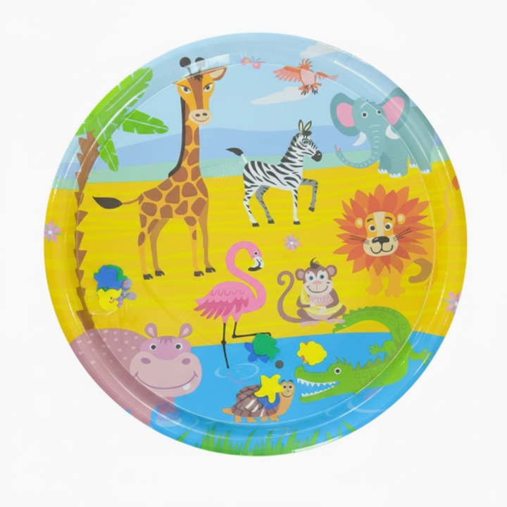 Round safari water mat with a giraffe, elephant, zebra, lion, and other animals