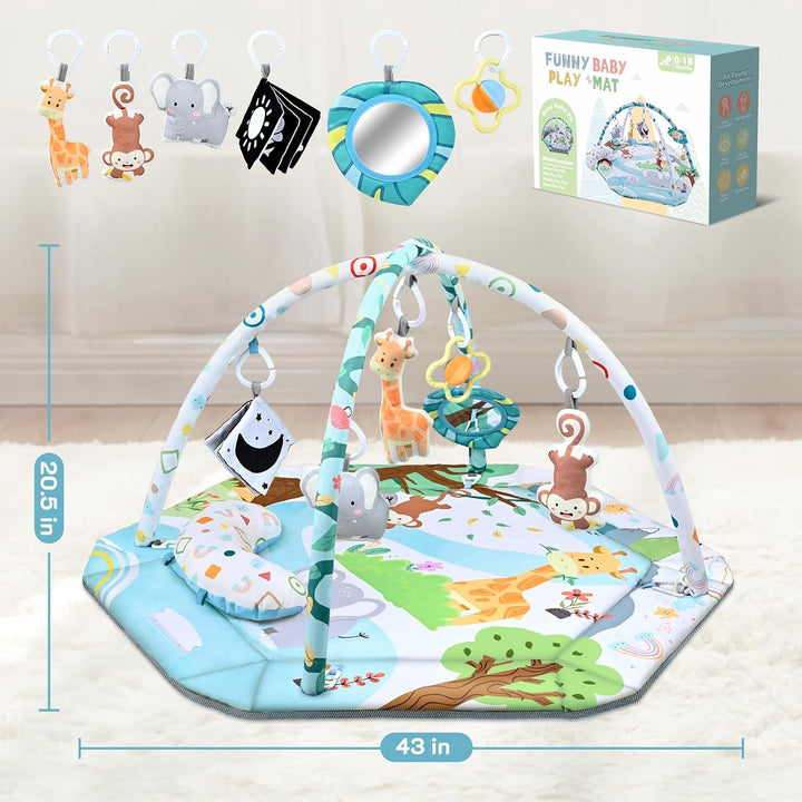 Animal-print baby play gym with a measurement graphic, hanging accessories, and product box