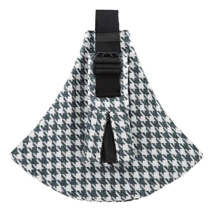 Sage green and white houndstooth hip carrier with a black adjustable strap