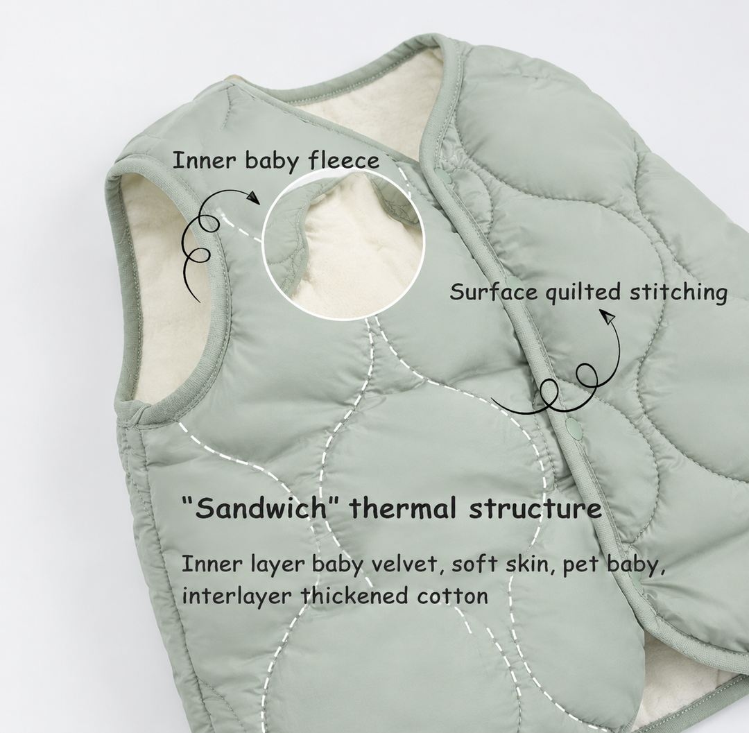 Sage green quilted baby vest with close-up details of the plush lining and layered construction.
