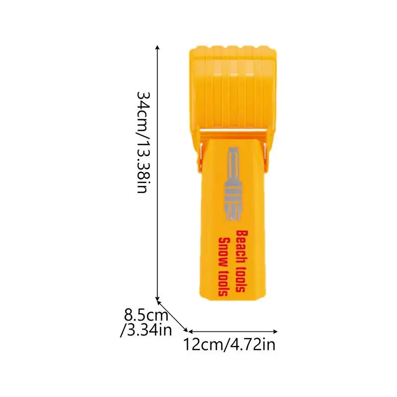 Yellow sand grabber measurement graphic showing dimensions of 34 x 12 x 8.5 cm