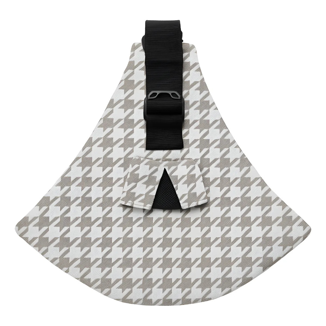 Sand and white houndstooth hip carrier with a black adjustable strap