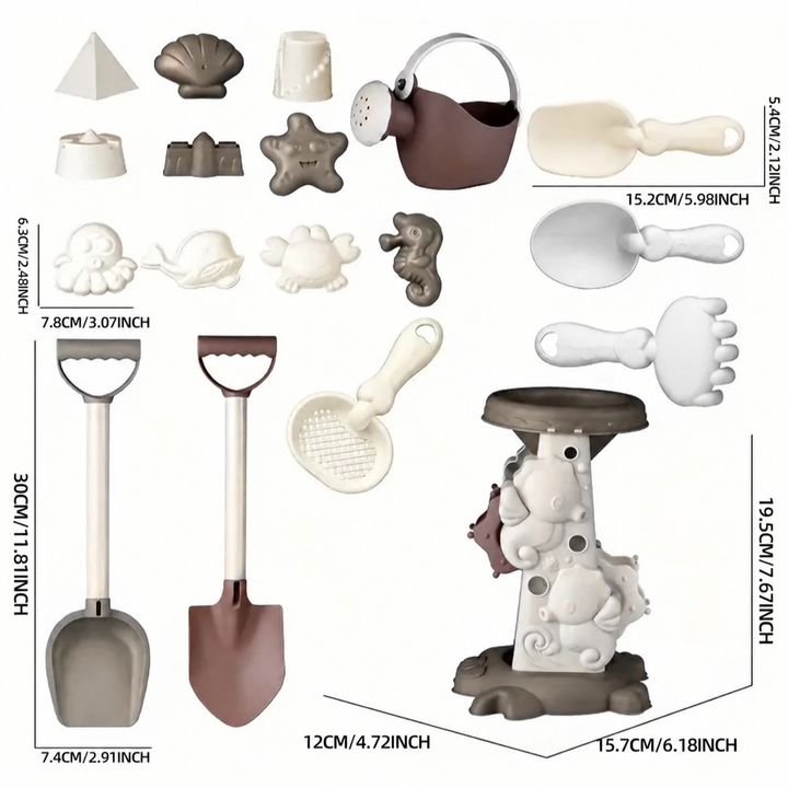 Measurement diagram of shovels, hand tools, sand molds, watering can, and sand mill