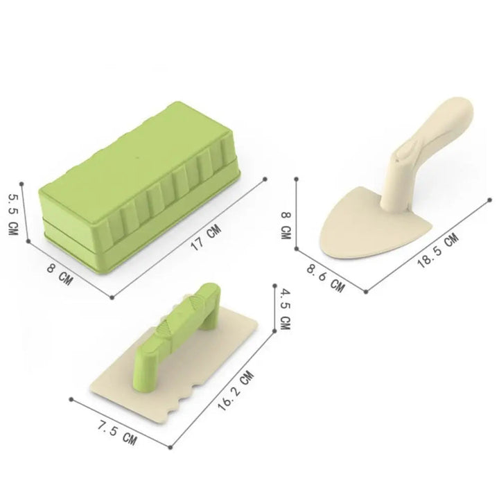 Measurements shown for the brick mold, trowel, and handled sand spatula