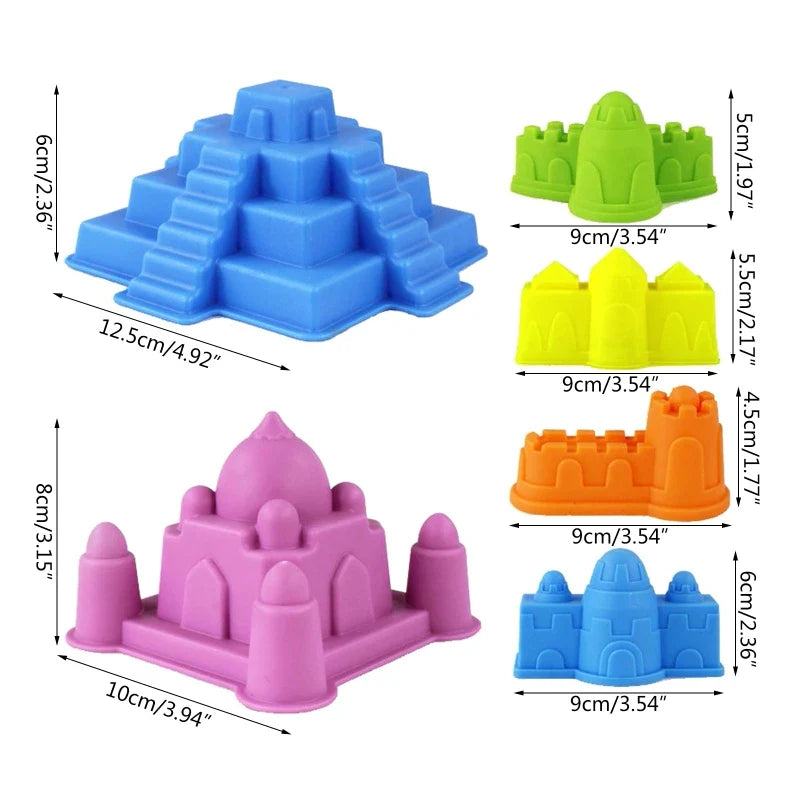 Size chart showing widths and heights for six castle and pyramid sand molds