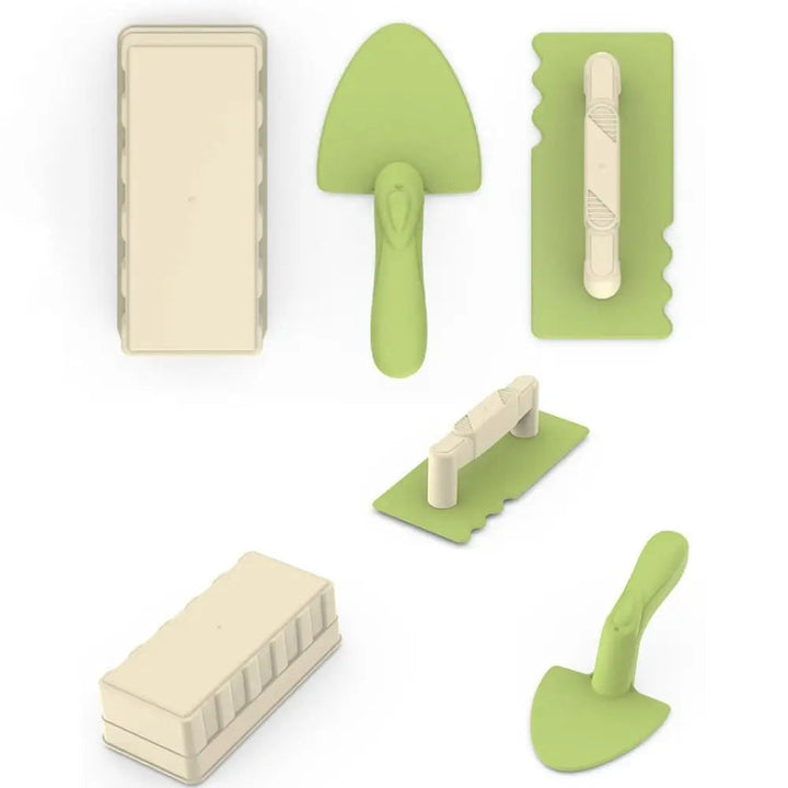 Brick mold, trowel, and sand spatula shown in two green and cream color combinations
