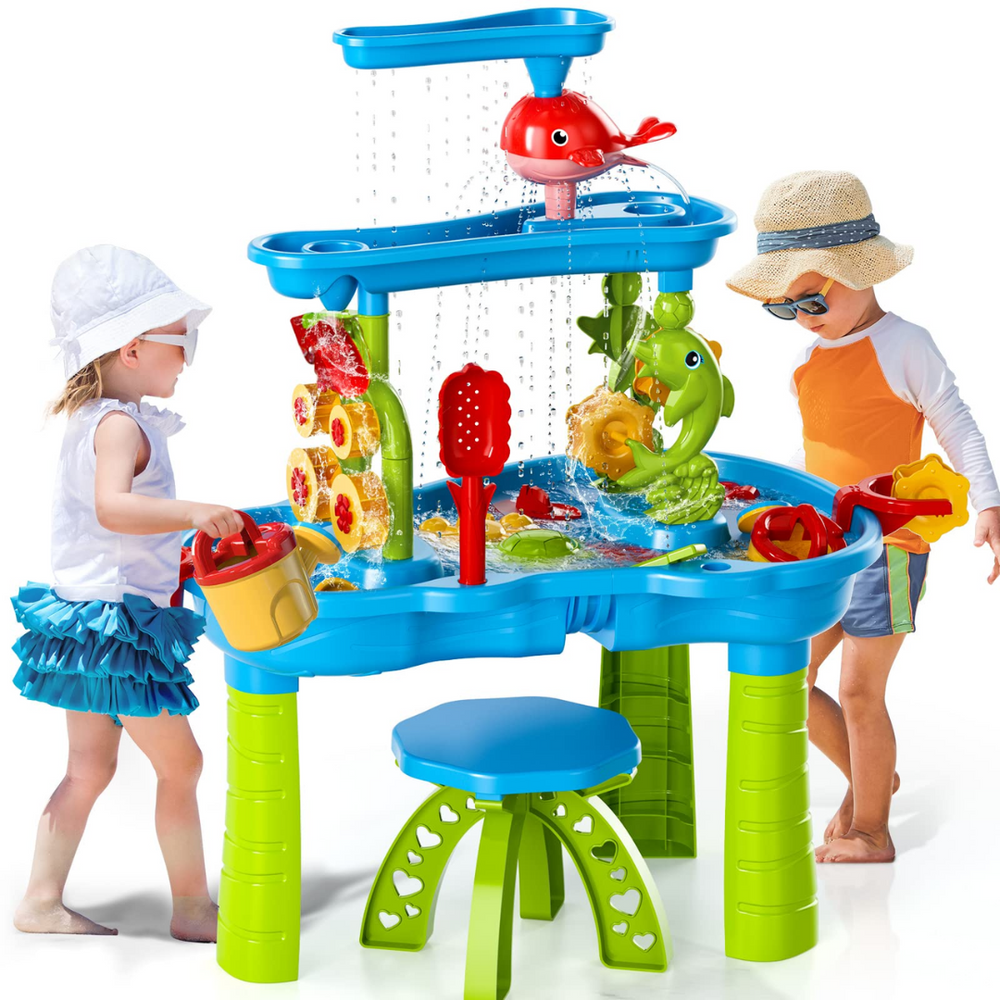 Children sharing a three-tier sand and water table with a small blue-and-green stool in front