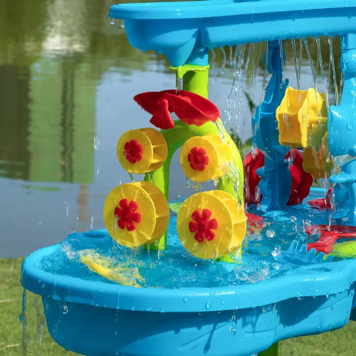 Water cascading onto yellow wheels in the blue sand and water table