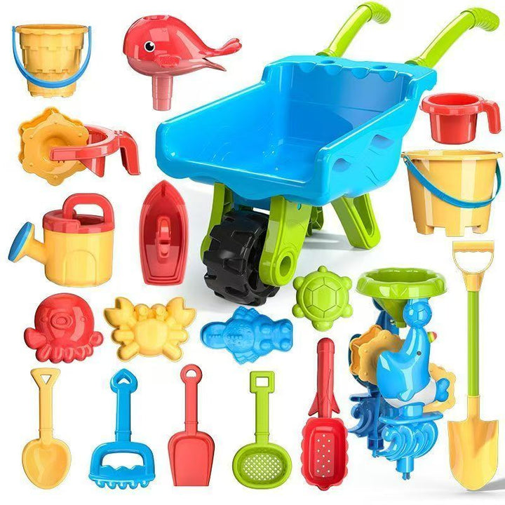 Blue and green toy wheelbarrow with buckets, molds, digging tools, a boat, and a sand mill