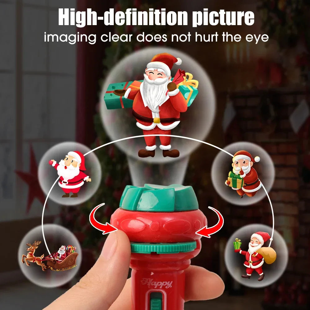 Red projection flashlight shown with Santa pictures and arrows indicating the rotating head