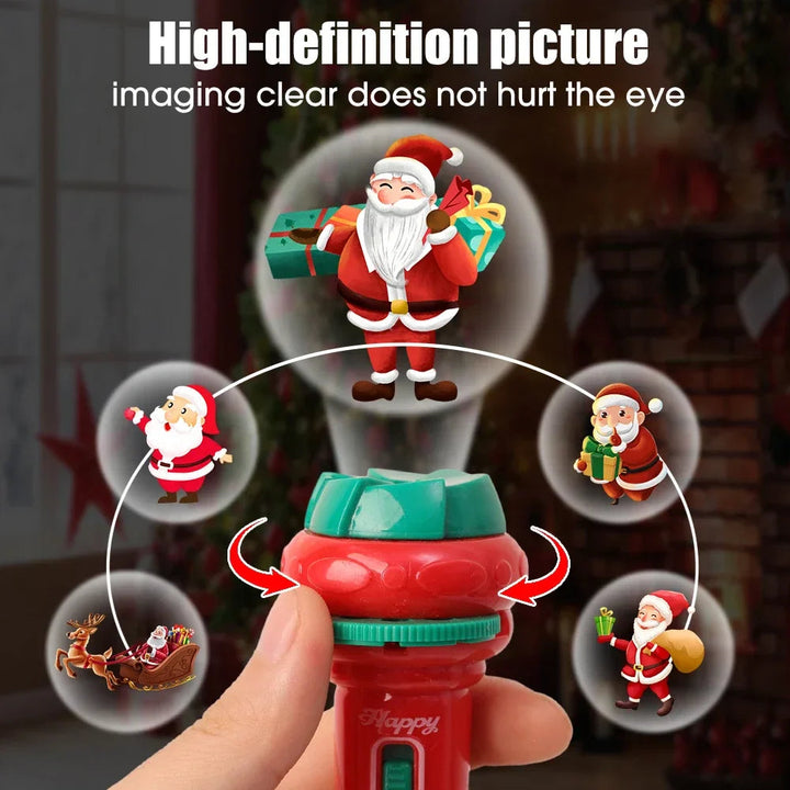 Red projection flashlight shown with Santa pictures and arrows indicating the rotating head