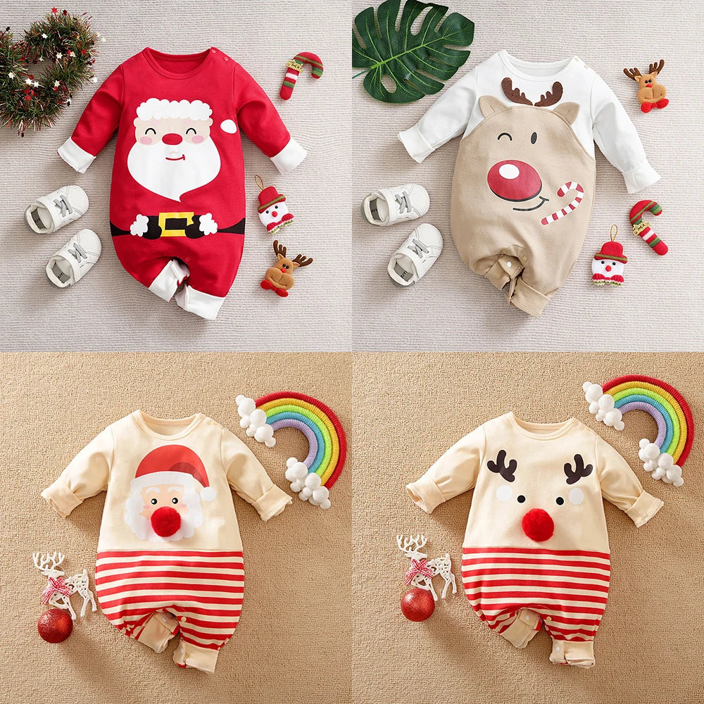 Baby Christmas rompers with Santa and reindeer designs in red, white, and beige