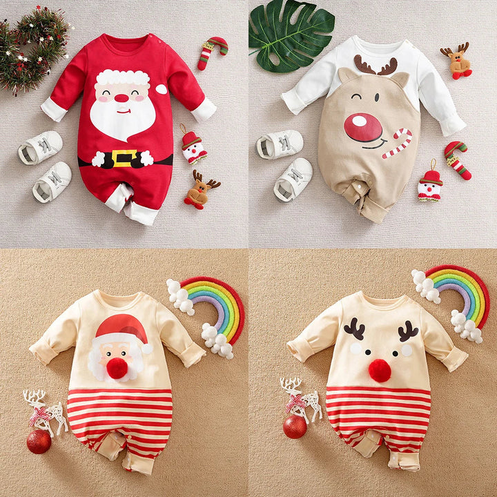 Baby Christmas rompers with Santa and reindeer designs in red, white, and beige