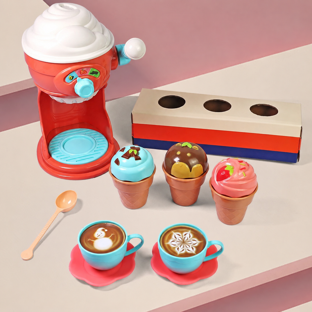 15-piece ice cream playset with a toy maker, cone stand, three cones, two cups with saucers, and a spoon