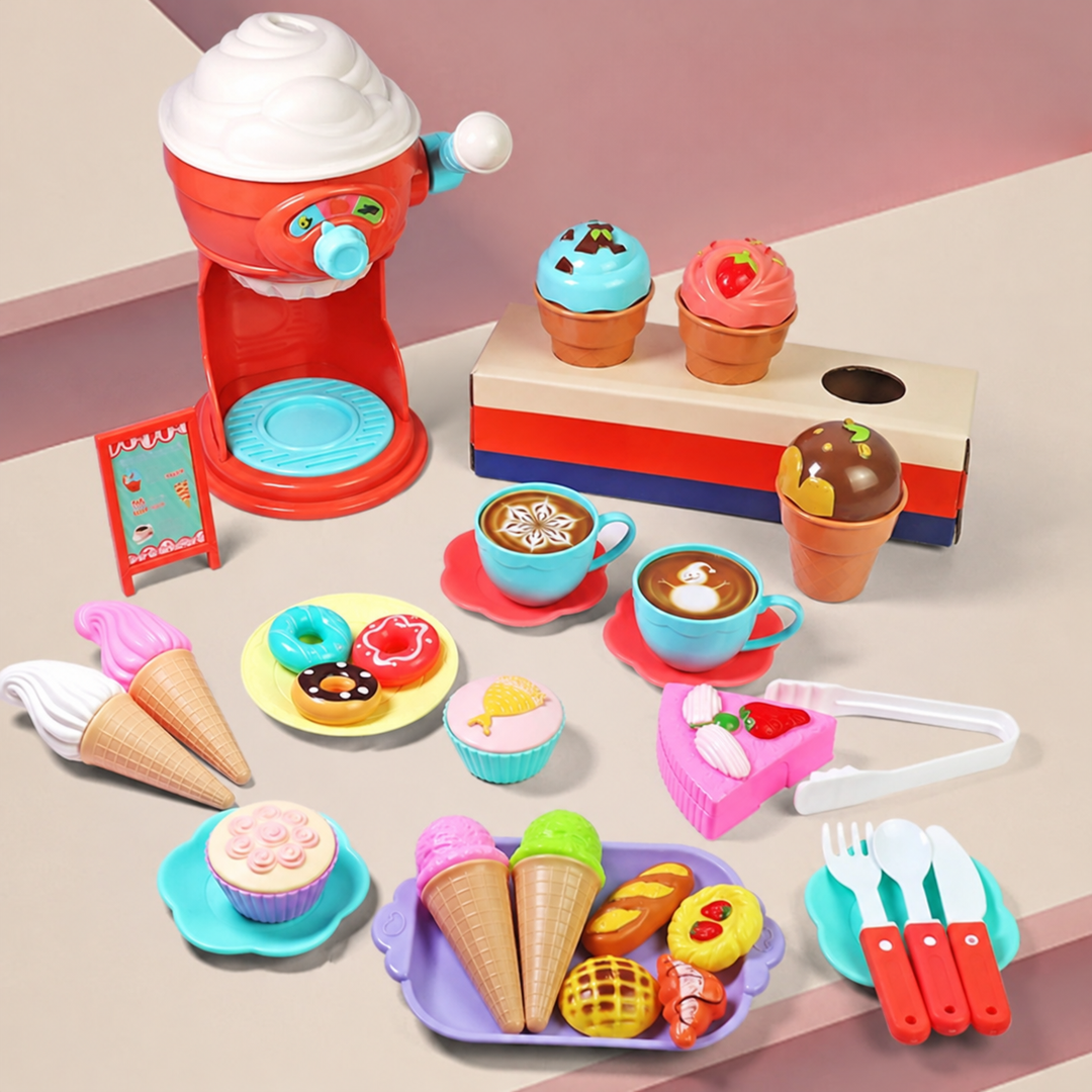 38-piece pretend ice cream set with a red toy maker, cones, cups, desserts, plates, and serving utensils