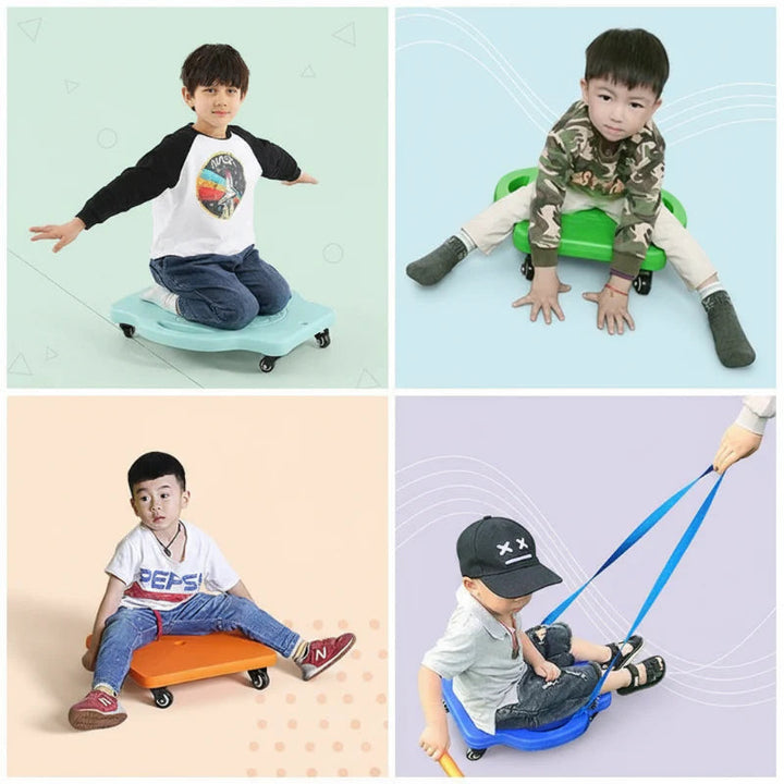 Children seated and kneeling on wheeled scooter boards, with one board being pulled by a rope