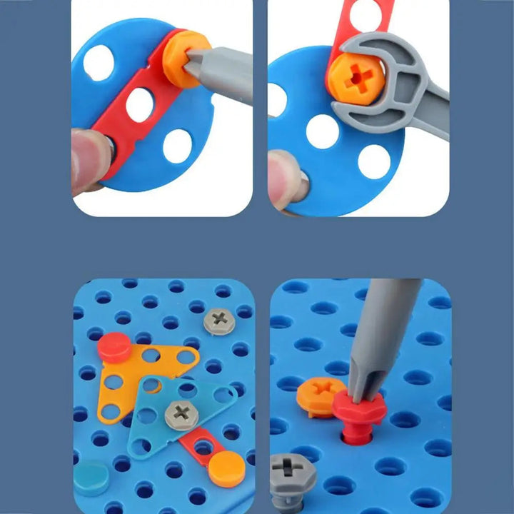 Close-up views of screws and nuts fastening colorful pieces with a screwdriver and wrench