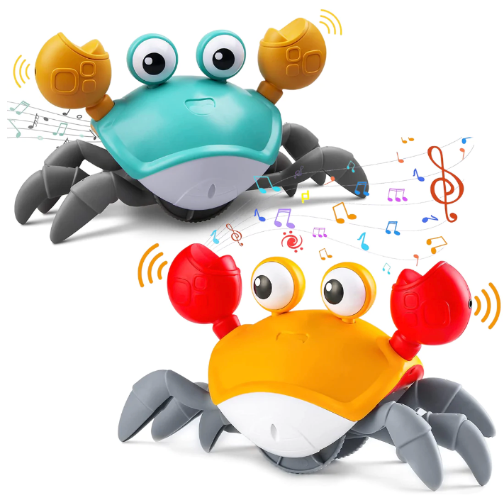 Blue and orange crawling crab toys with raised claws, gray legs, and musical-note graphics