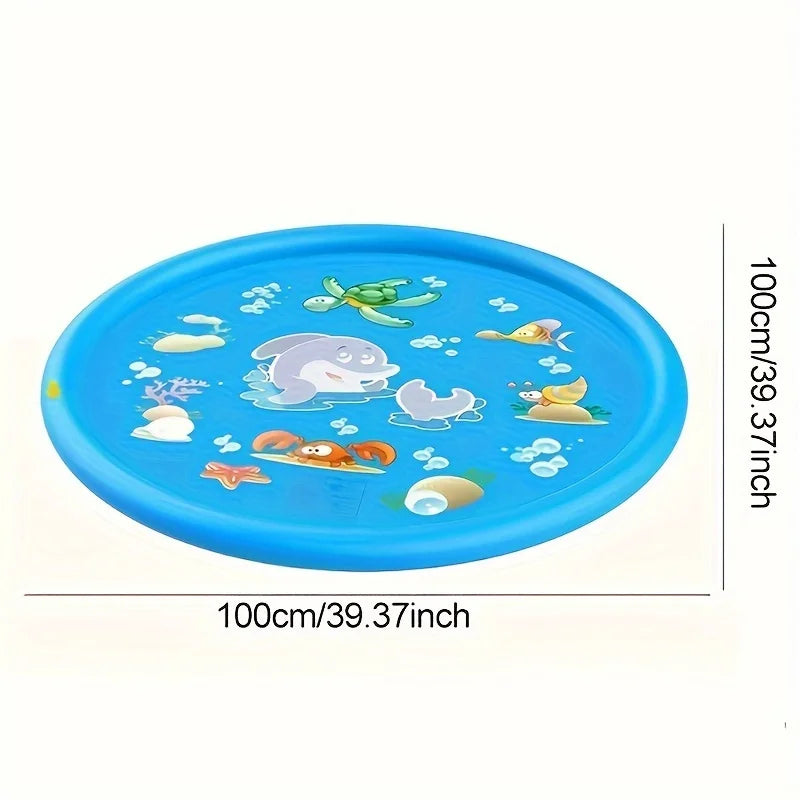Measurement graphic showing a blue sea animal sprinkler mat with a 100 cm diameter