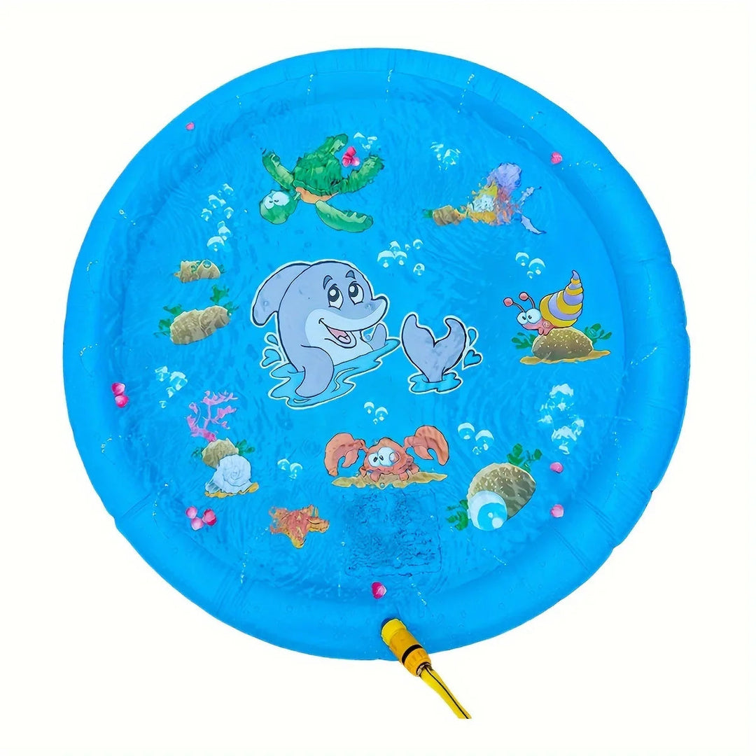 Overhead view of a blue sea animal water mat with a yellow hose connection at the edge