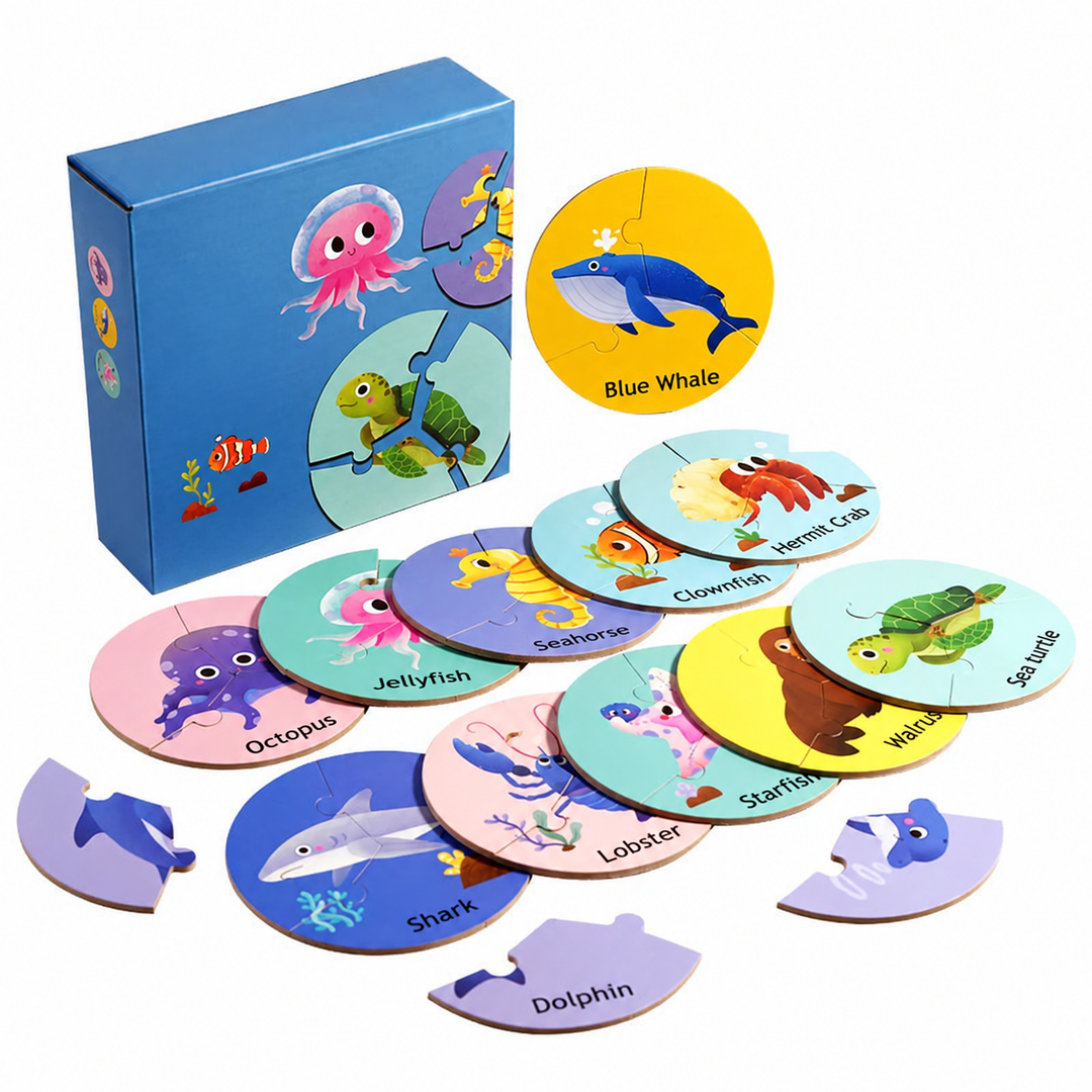 Blue box with circular sea creature puzzles and loose interlocking pieces