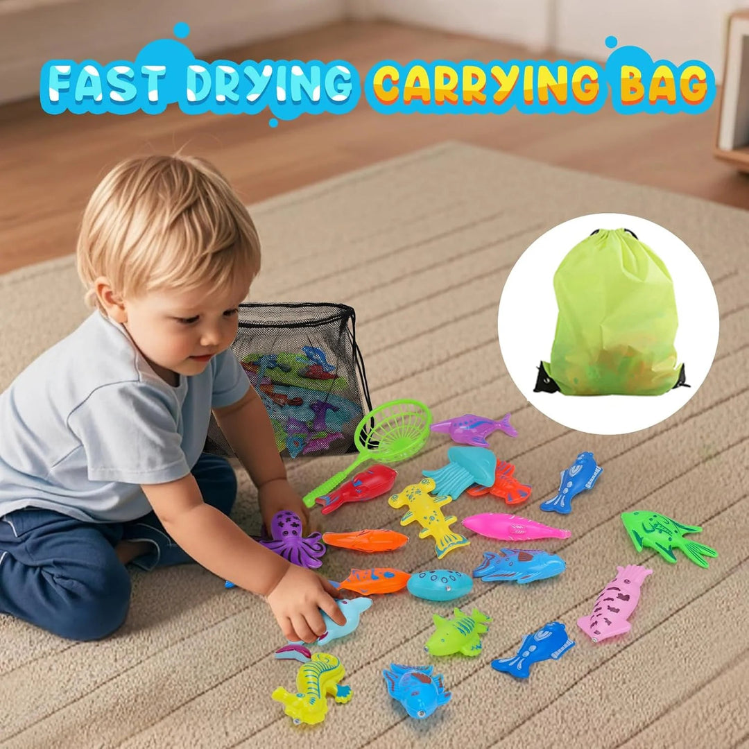 Child sorting colorful toy sea creatures, with a green drawstring carrying bag shown in an inset.