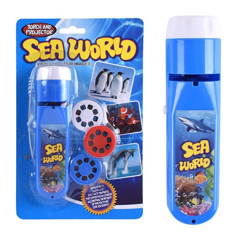 Blue sea life projection flashlight beside its package and three slide discs
