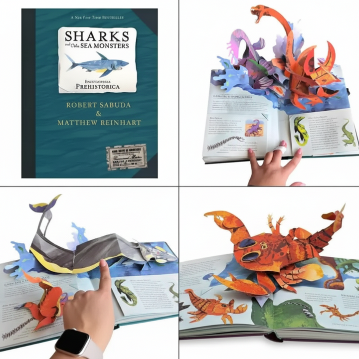 Sea monster book cover and three open pop-up spreads featuring colorful marine creatures