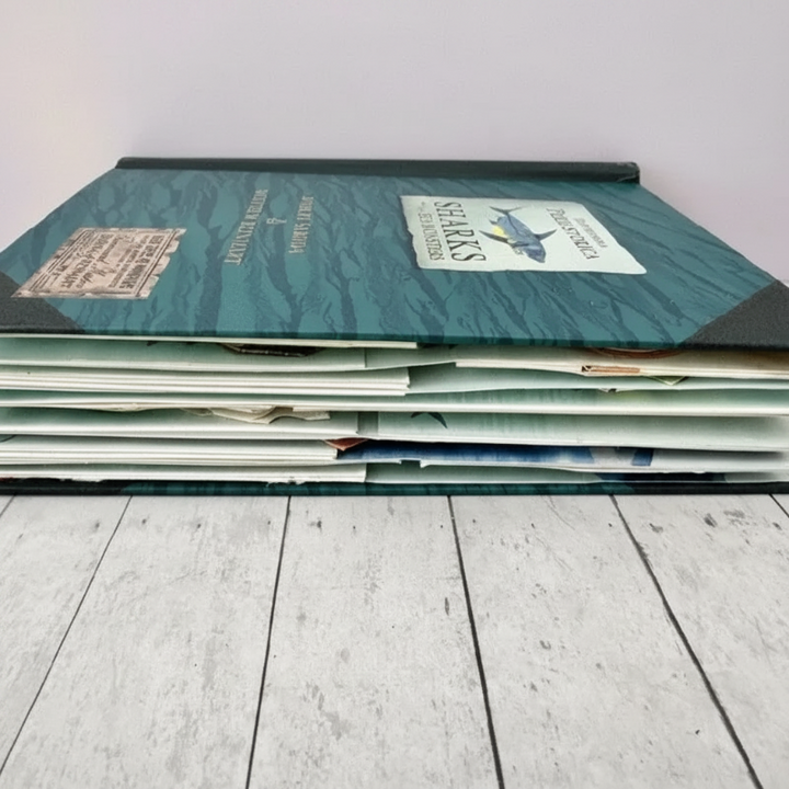 Side view of the teal sea monster hardcover showing stacked, folded pop-up pages