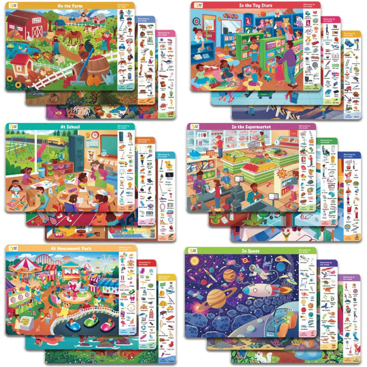 Search-and-find book sets featuring farm, toy store, school, supermarket, amusement park, and space scenes