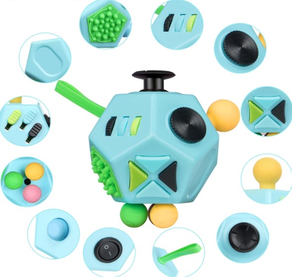 Fidget cube surrounded by close-ups of its buttons, switches, textured surfaces and other controls