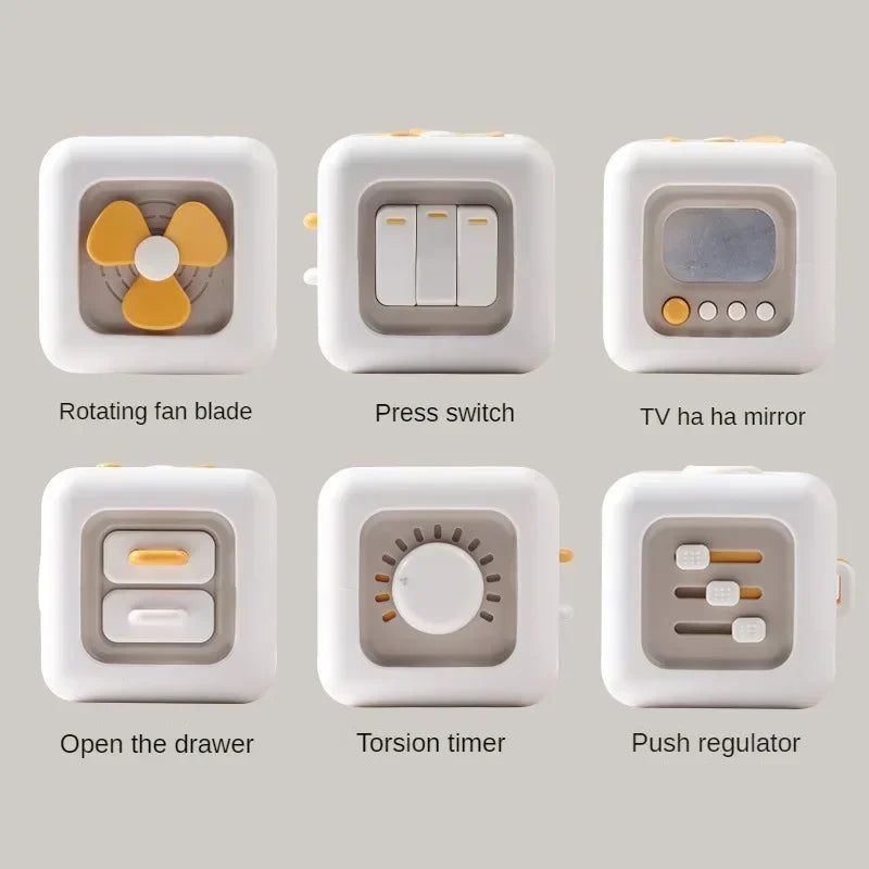 Six activity panels with a spinner, press switches, mirror, drawers, turning dial, and sliders
