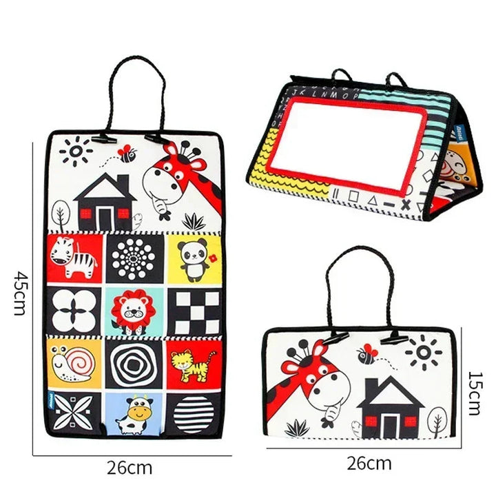 Fabric sensory panel measuring 45 x 26 cm unfolded and 26 x 15 cm folded