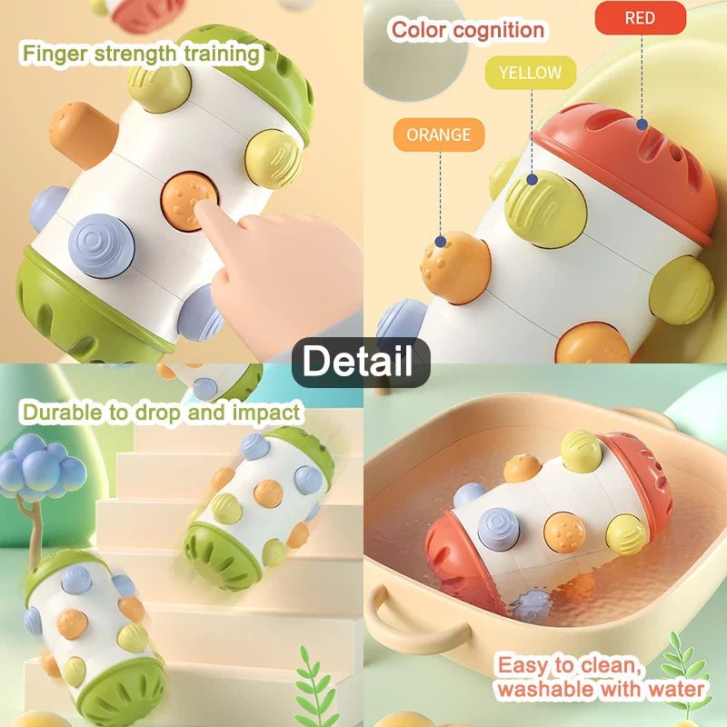 Sensory roller detail collage showing textured buttons, color labels, and washing with water
