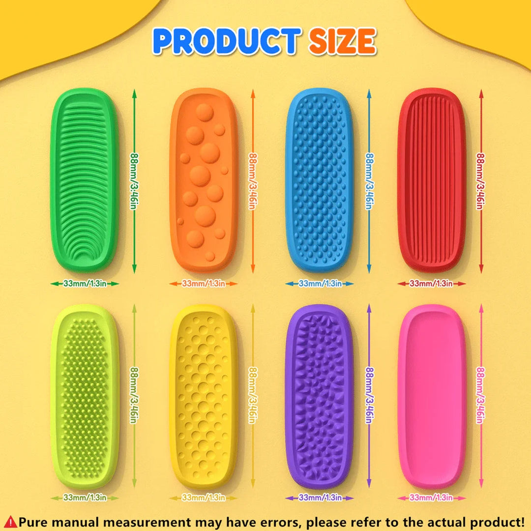 Size chart showing eight sensory strip designs, each measuring 8.8 by 3.3 cm.