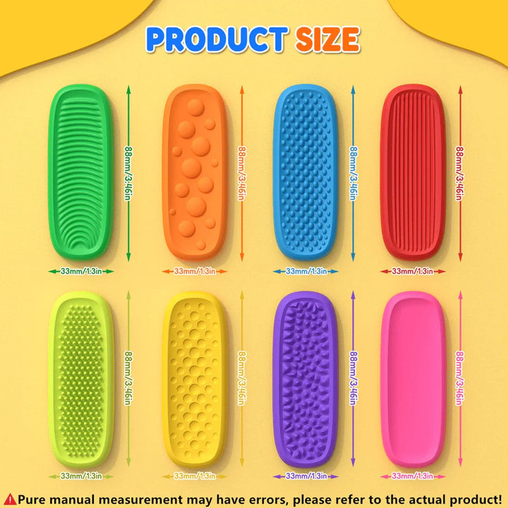 Size chart showing eight sensory strip designs, each measuring 8.8 by 3.3 cm.