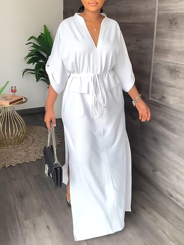 Serina Lightweight V Neck Side Slit Dress Product Image 06